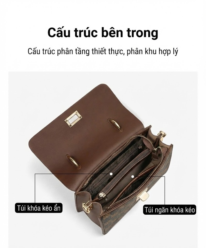 Túi Xách Tay Nữ Da Bóng Đeo Chéo Phong Cách Công Sở Màu Nâu chi tiết 9
