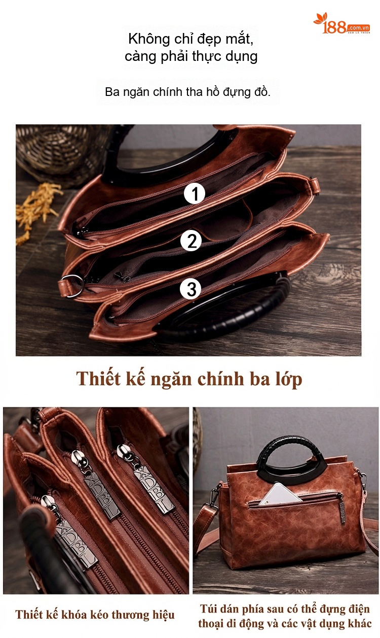 Túi Xách Tay Nữ Da Bóng Đeo Chéo Thời Trang Màu Nâu chi tiết 5