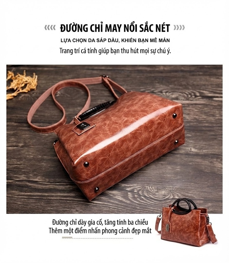 Túi Xách Tay Nữ Da Bóng Đeo Chéo Thời Trang Màu Nâu chi tiết 1