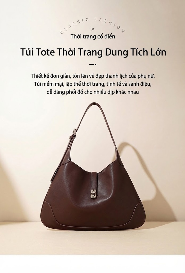 Túi Xách Tay Nữ Da Bóng Đeo Vai Cỡ Lớn Phong Cách Cổ Điển Màu Nâu, Đen, Kem... chi tiết 2