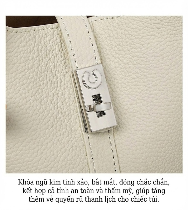 Túi Xách Tay Nữ Da Bóng Đeo Vai/Đeo Chéo Kiểu Túi Bucket Màu Trắng Kem chi tiết 20