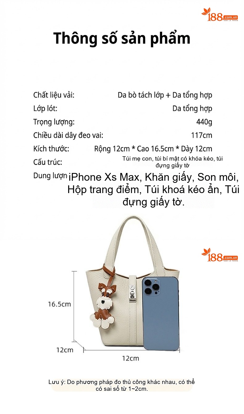 Túi Xách Tay Nữ Da Bóng Đeo Vai/Đeo Chéo Kiểu Túi Bucket Màu Trắng Kem chi tiết 5