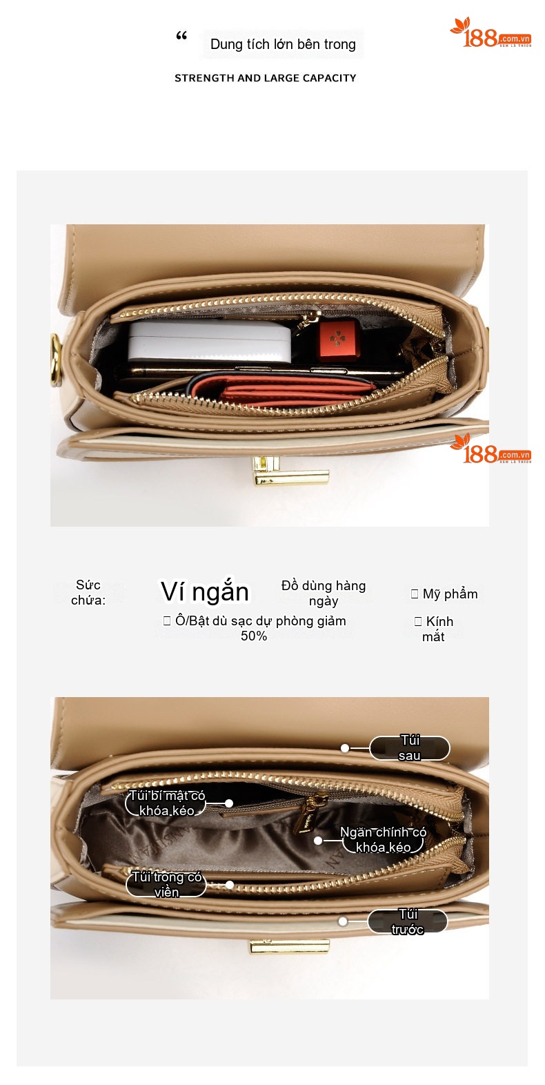 Túi Xách Tay Nữ Da Bóng Đeo Vai Đeo Chéo Phong Cách Casual Màu Kem, Nâu, Đen chi tiết 5