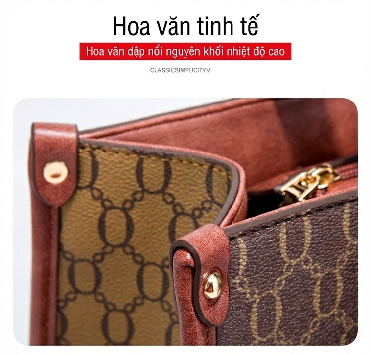 Túi Xách Tay Nữ Da Bóng Đeo Vai Phong Cách Cổ Điển Kèm Ví Cầm Tay Màu Nâu, Nâu Đậm chi tiết 5