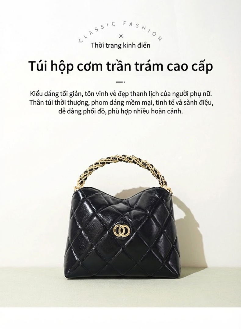 Túi Xách Tay Nữ Da Bóng Họa Tiết Trám Quai Xách Dây Xích Màu Đen, Đỏ Rượu chi tiết 2