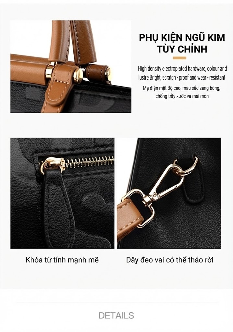 Túi Xách Tay Nữ Da Bóng In Chữ Lớn Sức Chứa Lớn Đeo Vai Đi Làm Màu Đen, Nâu chi tiết 8