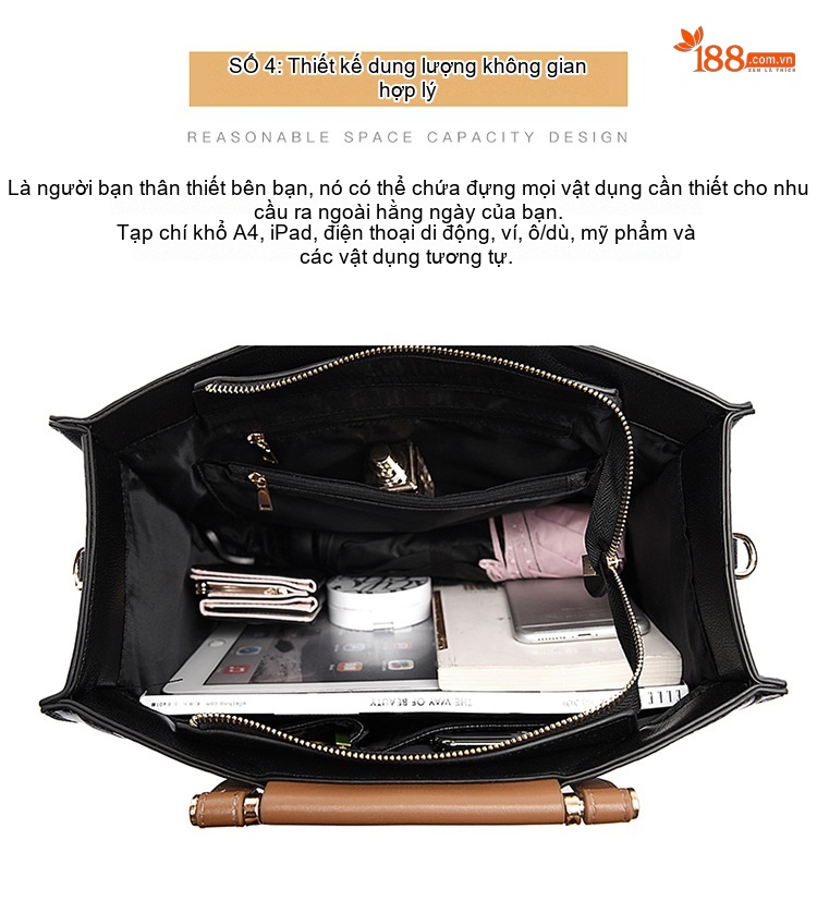 Túi Xách Tay Nữ Da Bóng In Chữ Lớn Sức Chứa Lớn Đeo Vai Đi Làm Màu Đen, Nâu chi tiết 9