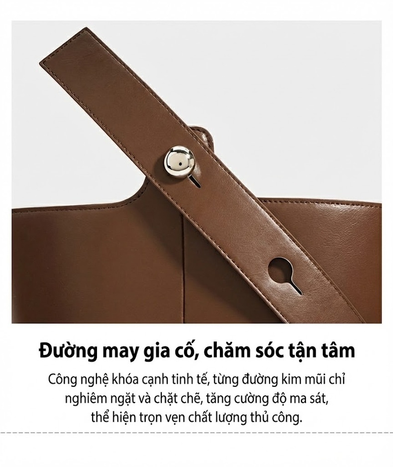 Túi Xách Tay Nữ Da Bóng Kiểu Bucket Công Sở Đeo Vai, Đeo Chéo, Xách Tay Màu Nâu, Kem chi tiết 9