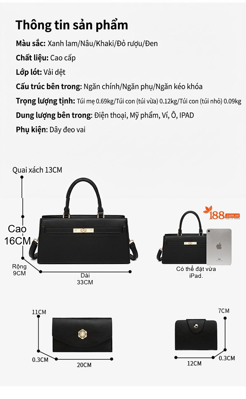 Túi Xách Tay Nữ Da Bóng Kiểu Kelly Kèm Túi Đeo Vai, Ví Cầm Tay Màu Đỏ, Nâu, Xanh, Đen... chi tiết 5