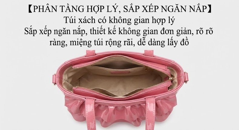 Túi Xách Tay Nữ Da Bóng Kiểu Túi Thùng Rút Dây Màu Kem, Nâu, Hồng, Xám chi tiết 8
