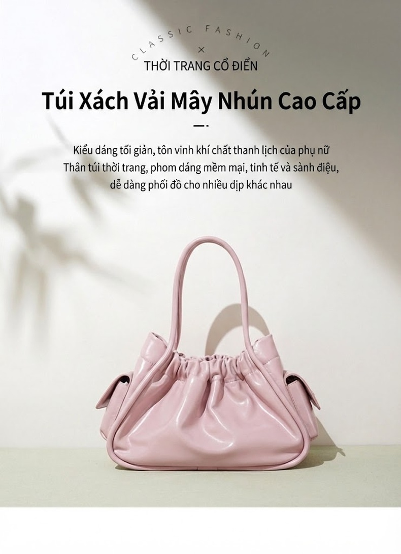 Túi Xách Tay Nữ Da Bóng Kiểu Túi Thùng Rút Dây Màu Kem, Nâu, Hồng, Xám chi tiết 1