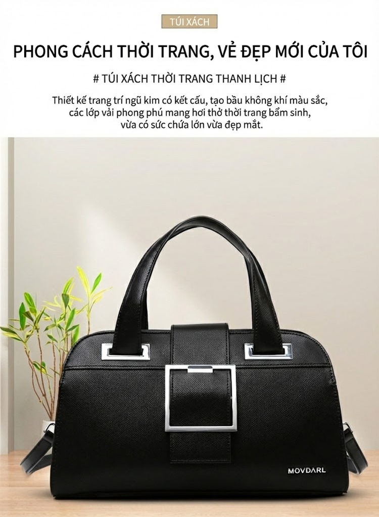 Túi Xách Tay Nữ Da Bóng Lớn Cao Cấp, Túi Tote Đeo Chéo Công Sở Màu Đen chi tiết 2