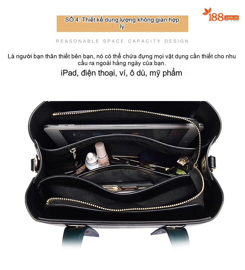 Túi Xách Tay Nữ Da Bóng Lớn Đeo Vai Màu Đen, Xanh chi tiết 4