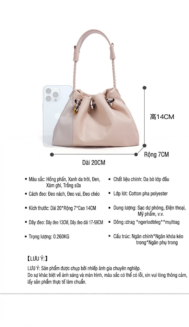 Túi Xách Tay Nữ Da Bóng Mini Thiết Kế Vân Đám Mây Phong Cách Hàn Quốc Màu Be, Nâu, Xanh... chi tiết 8