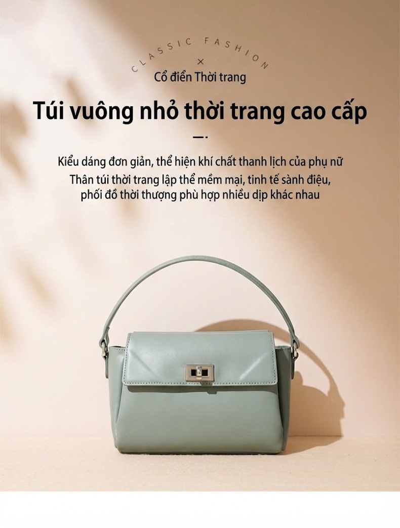 Túi Xách Tay Nữ Da Bóng Quai Xách Tiểu Thư Đeo Vai Khóa Kim Loại Màu Xanh Mint, Đen chi tiết 1