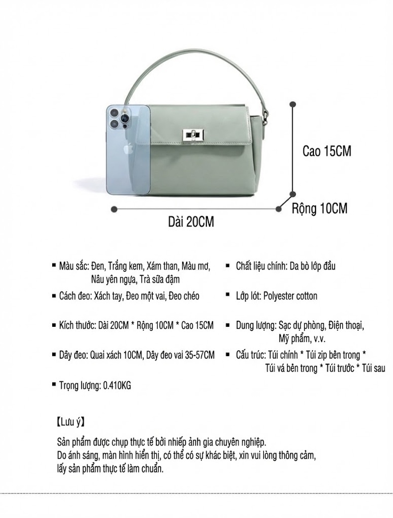 Túi Xách Tay Nữ Da Bóng Quai Xách Tiểu Thư Đeo Vai Khóa Kim Loại Màu Xanh Mint, Đen chi tiết 8