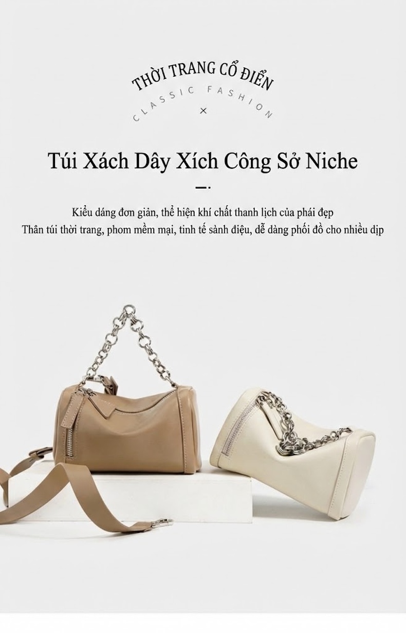 Túi Xách Tay Nữ Da Bóng Quai Xích Đeo Vai Đeo Chéo Dáng Boston Màu Kem chi tiết 1