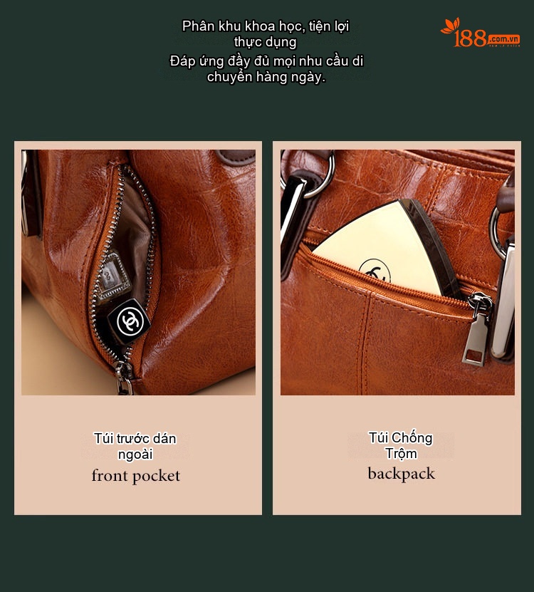Túi Xách Tay Nữ Da Bóng Retro Ba Ngăn Lớn Có Dây Đeo Chéo Màu Nâu chi tiết 10