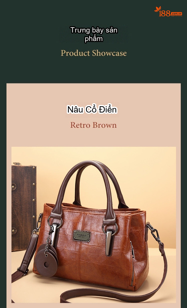 Túi Xách Tay Nữ Da Bóng Retro Ba Ngăn Lớn Có Dây Đeo Chéo Màu Nâu chi tiết 22