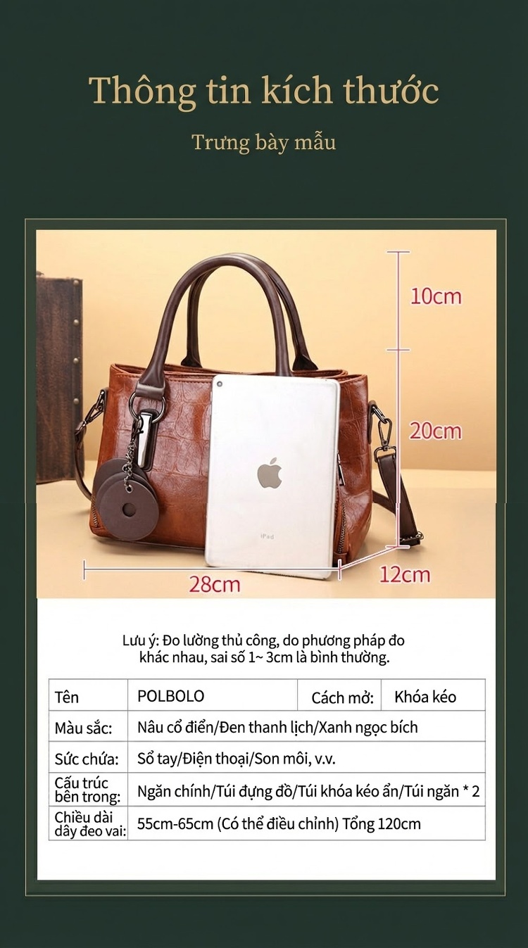 Túi Xách Tay Nữ Da Bóng Retro Ba Ngăn Lớn Có Dây Đeo Chéo Màu Nâu chi tiết 28