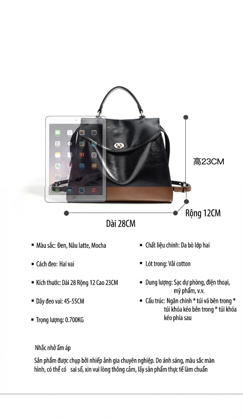Túi Xách Tay Nữ Da Bóng Sức Chứa Lớn Đa Năng Đeo Vai, Đeo Chéo, Ba Lô Màu Nâu, Đen chi tiết 7
