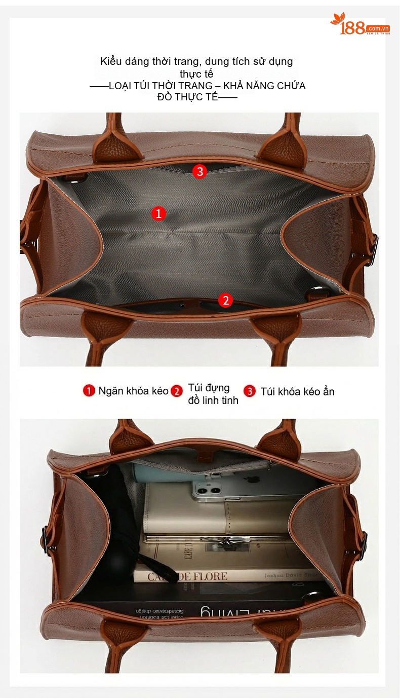 Túi Xách Tay Nữ Da Bóng Sức Chứa Lớn Đeo Vai Đeo Chéo Túi Tote Túi Mẹ Bầu Màu Nâu, Xám, Đen chi tiết 7