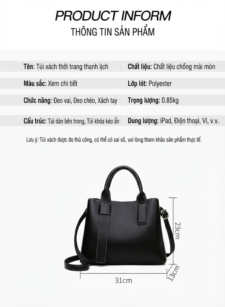 Túi Xách Tay Nữ Da Bóng Sức Chứa Lớn Tote Đeo Vai Đeo Chéo Công Sở Màu Đen chi tiết 4