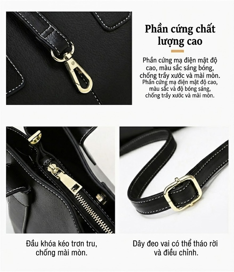 Túi Xách Tay Nữ Da Bóng Sức Chứa Lớn Tote Đeo Vai Đeo Chéo Công Sở Màu Đen chi tiết 9