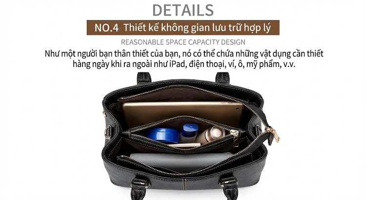Túi Xách Tay Nữ Da Bóng Sức Chứa Lớn Tote Đeo Vai Đeo Chéo Công Sở Màu Đen chi tiết 10