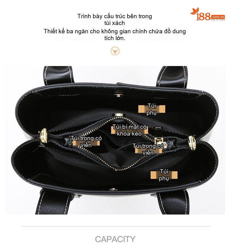 Túi Xách Tay Nữ Da Bóng Sức Chứa Lớn Tote Đeo Vai Đeo Chéo Công Sở Màu Đen chi tiết 11