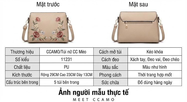 Túi Xách Tay Nữ Da Bóng Thêu Hoa Cỡ Lớn Đeo Vai, Đeo Chéo Màu Be chi tiết 6