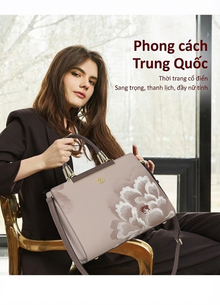 Túi Xách Tay Nữ Da Bóng Thêu Hoa Cỡ Lớn Đeo Vai, Đeo Chéo Màu Be chi tiết 1