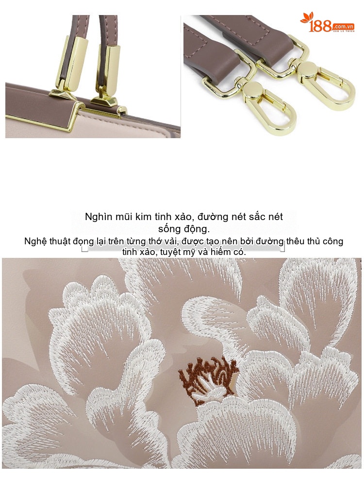 Túi Xách Tay Nữ Da Bóng Thêu Hoa Cỡ Lớn Đeo Vai, Đeo Chéo Màu Be chi tiết 4