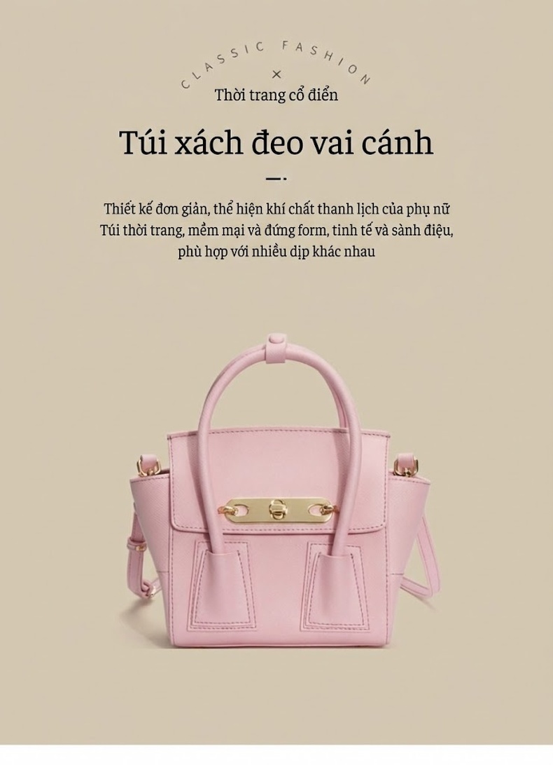 Túi Xách Tay Nữ Da Bóng Thiết Kế Cánh Thiên Thần Size Nhỏ Đeo Chéo, Đeo Vai Màu Hồng chi tiết 1