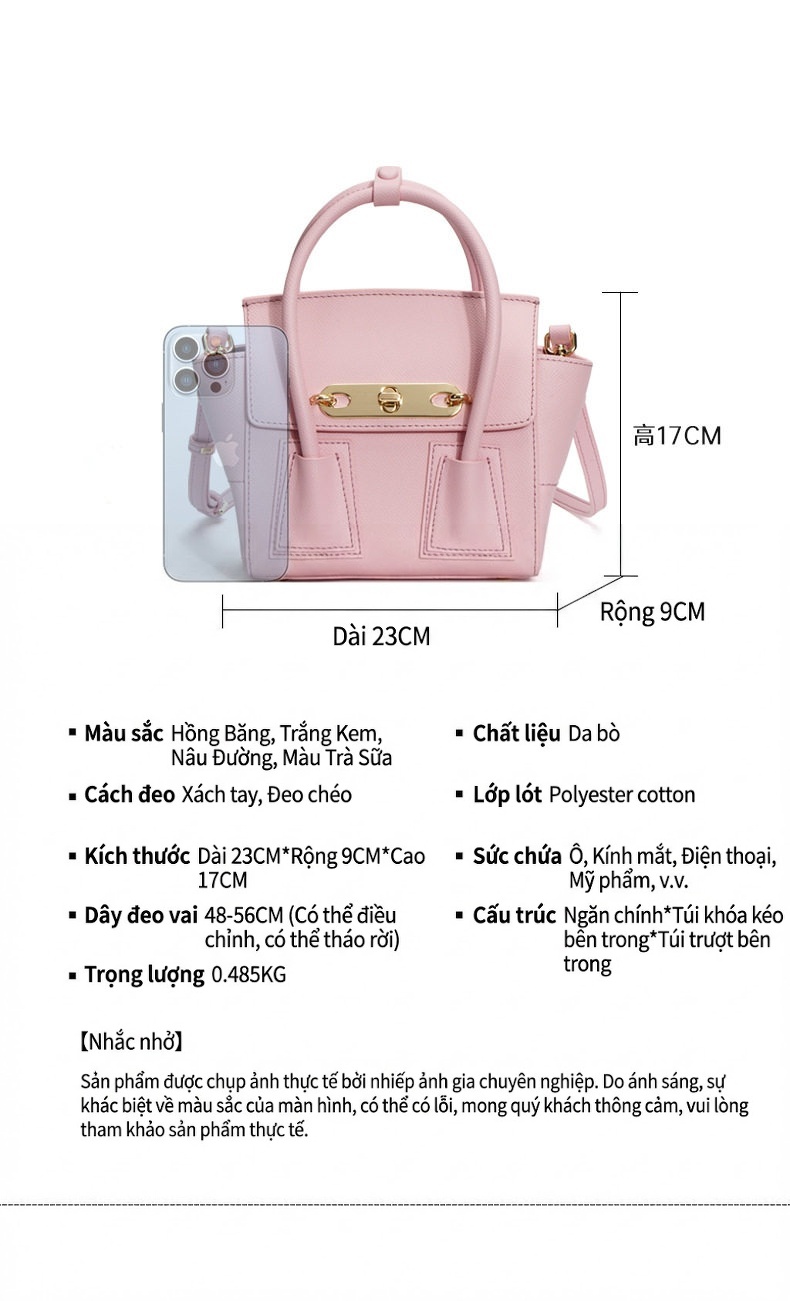 Túi Xách Tay Nữ Da Bóng Thiết Kế Cánh Thiên Thần Size Nhỏ Đeo Chéo, Đeo Vai Màu Hồng chi tiết 3
