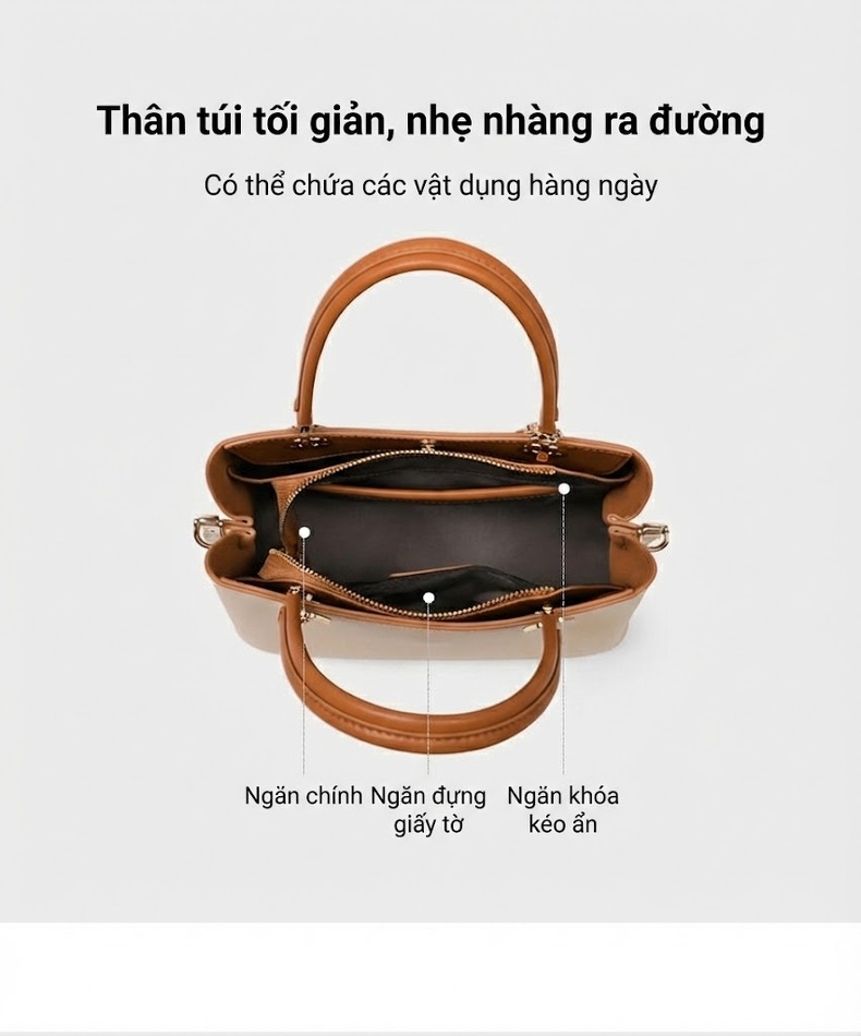 Túi Xách Tay Nữ Da Bóng Thời Trang Công Sở, Túi Đeo Chéo Dáng Vuông Màu Kem, Nâu chi tiết 6