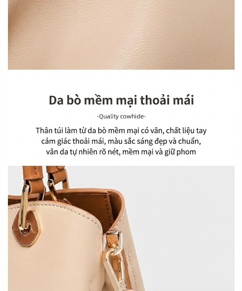 Túi Xách Tay Nữ Da Bóng Thời Trang Công Sở, Túi Đeo Chéo Dáng Vuông Màu Kem, Nâu chi tiết 10