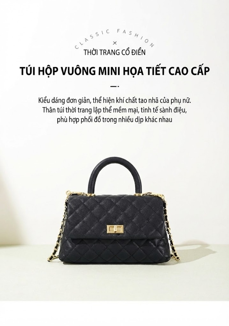 Túi Xách Tay Nữ Da Cừu Vân Bi Cổ Điển Đeo Vai, Đeo Chéo Màu Đen chi tiết 1