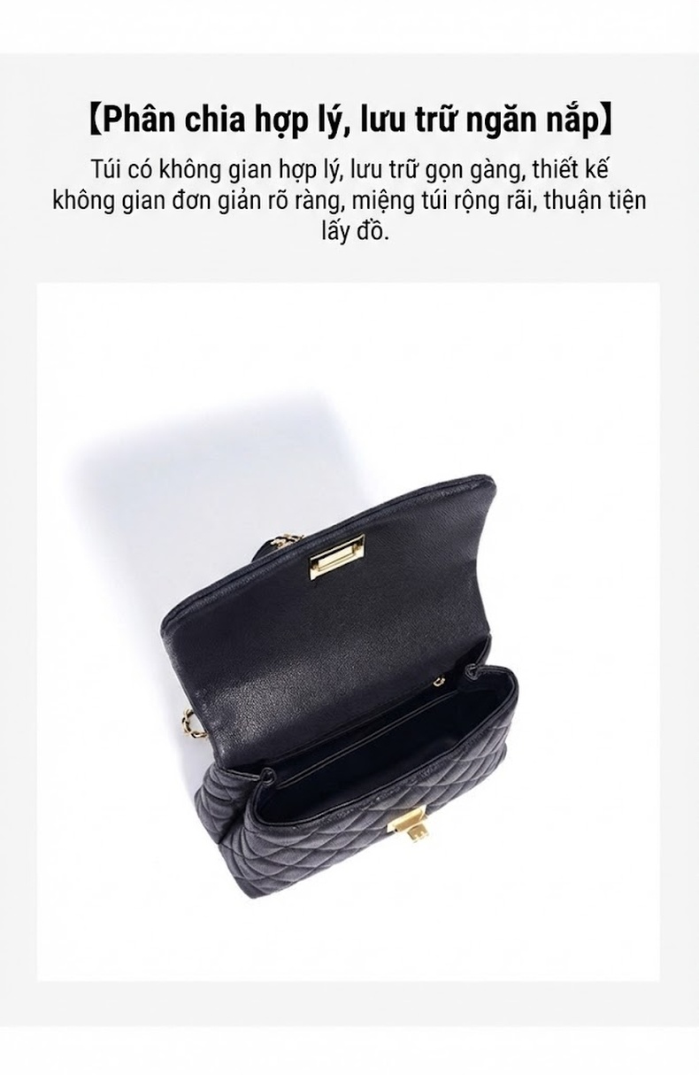 Túi Xách Tay Nữ Da Cừu Vân Bi Cổ Điển Đeo Vai, Đeo Chéo Màu Đen chi tiết 7