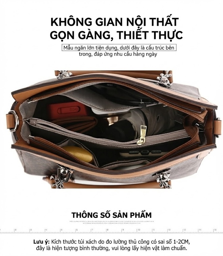 Túi Xách Tay Nữ Da In Họa Tiết Cổ Điển Sức Chứa Lớn Đeo Vai Chéo Màu Nâu chi tiết 4