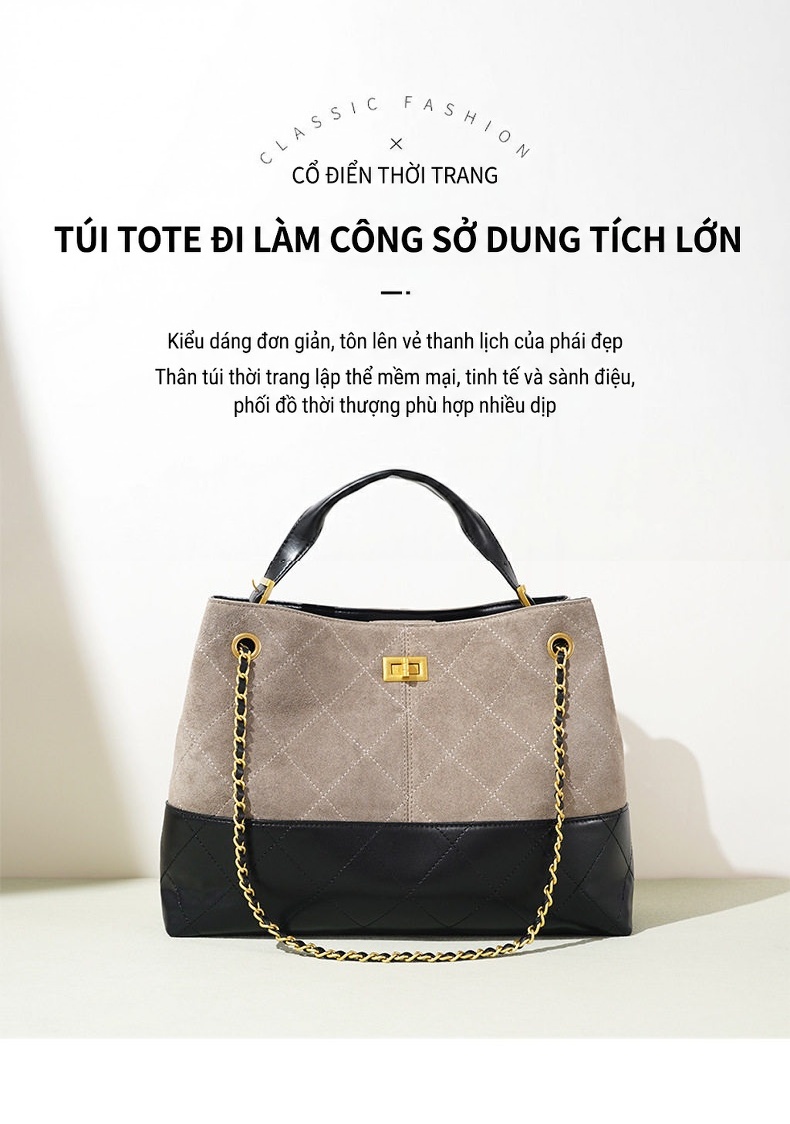 Túi Xách Tay Nữ Da Lộn Màu Nâu, Đen Quai Xách Tay Đeo Vai Dây Xích chi tiết 2
