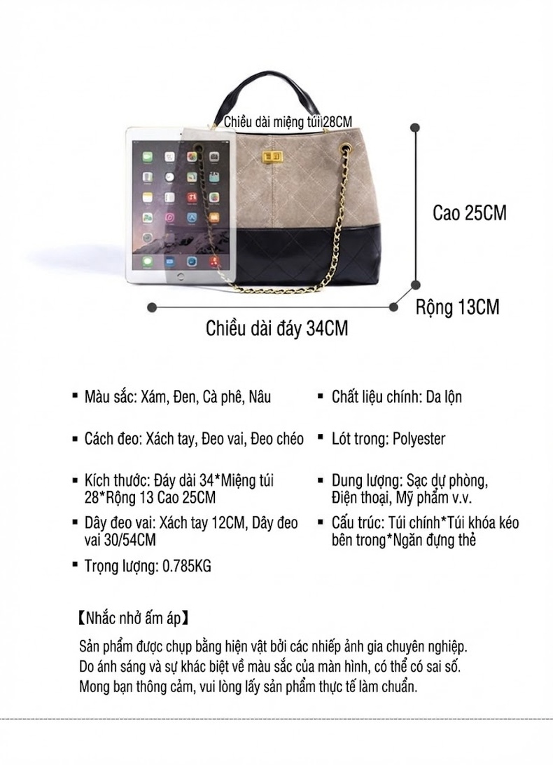Túi Xách Tay Nữ Da Lộn Màu Nâu, Đen Quai Xách Tay Đeo Vai Dây Xích chi tiết 8