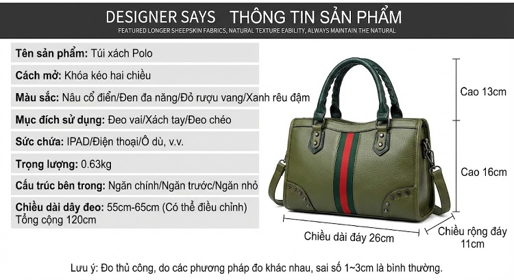 Túi Xách Tay Nữ Da Mềm Dáng Gối Hoạ Tiết Sọc Màu Đen, Đỏ, Xanh Lá chi tiết 26