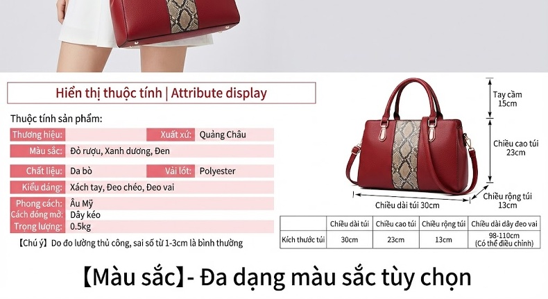 Túi Xách Tay Nữ Da Mềm Đeo Vai, Đeo Chéo Thời Trang Màu Đỏ, Xanh Navy, Đen... chi tiết 7