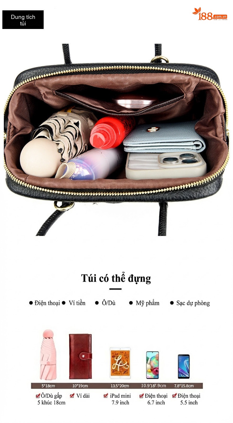 Túi Xách Tay Nữ Da Mềm Đựng Vừa A4, Túi Đeo Chéo Công Sở Dáng Trống Màu Đen, Đỏ Rượu Vang, Xanh Olive chi tiết 6