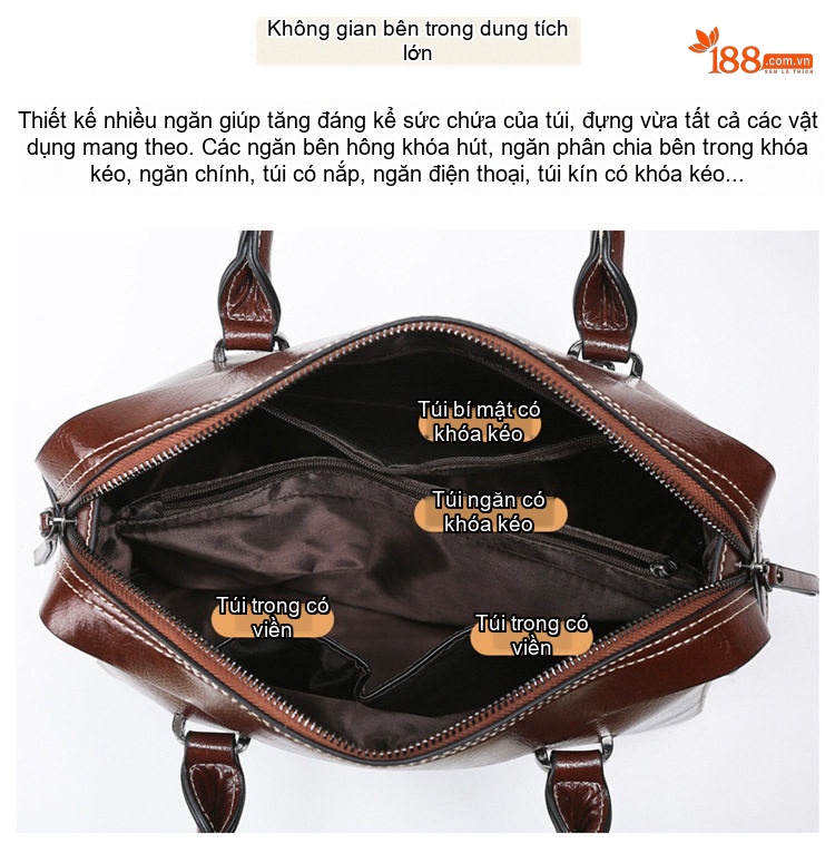 Túi Xách Tay Nữ Da Mềm, Túi Đeo Vai, Túi Đeo Chéo Sức Chứa Lớn Phong Cách Thời Trang Màu Đen, Nâu Đậm chi tiết 5