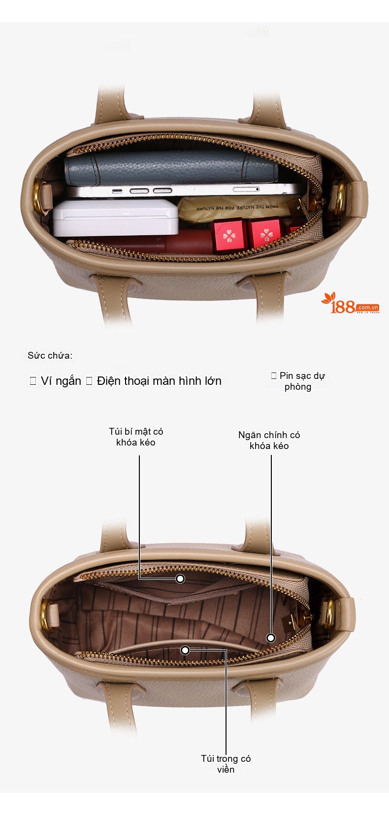 Túi Xách Tay Nữ Da Mờ Dáng Trống Cao Cấp Đeo Chéo Đi Làm Màu Be, Đen chi tiết 3