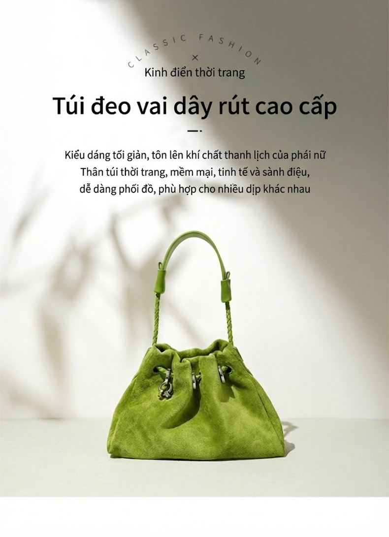 Túi Xách Tay Nữ Da Mờ Dáng Túi Rút Kiểu Phúc Lộc Thọ Phong Cách Lười Biếng Màu Xanh Lá Cây, Xanh Dương, Cam chi tiết 2