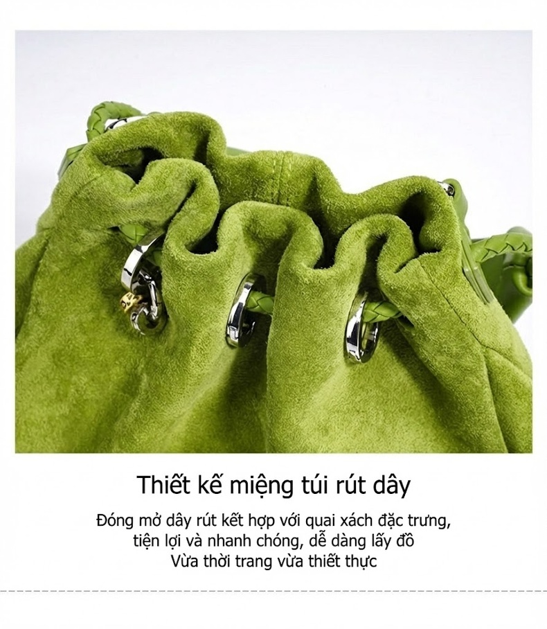 Túi Xách Tay Nữ Da Mờ Dáng Túi Rút Kiểu Phúc Lộc Thọ Phong Cách Lười Biếng Màu Xanh Lá Cây, Xanh Dương, Cam chi tiết 14