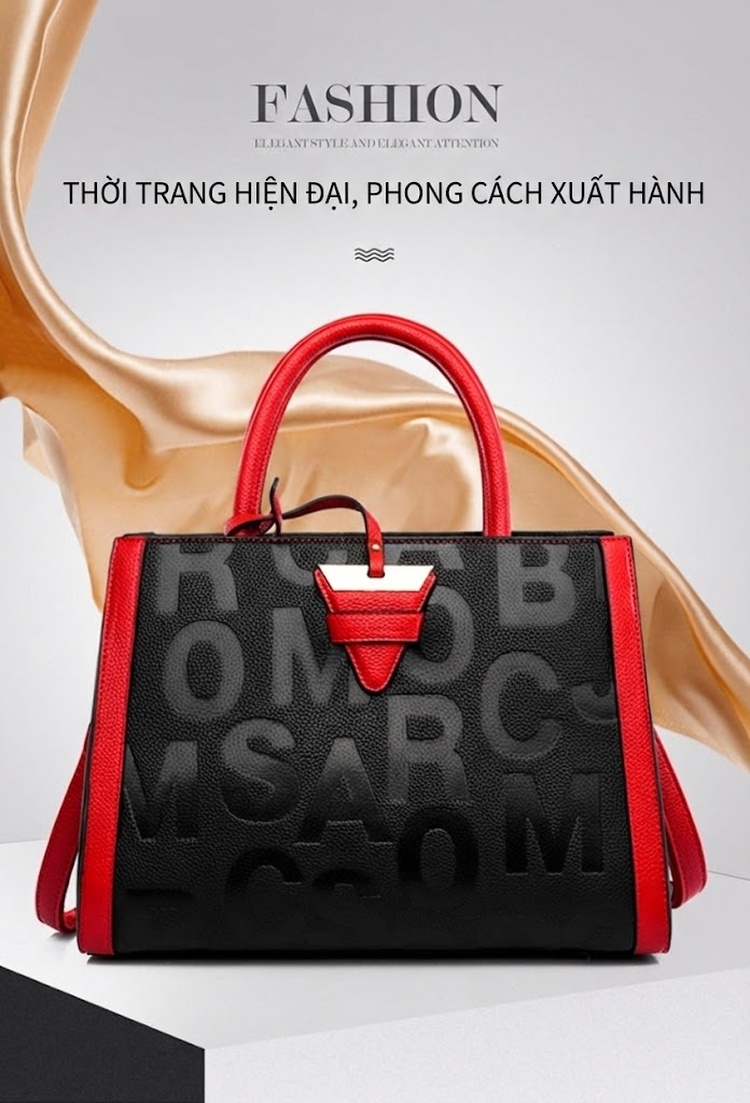 Túi Xách Tay Nữ Da Mờ Dập Chữ Phong Cách Âu Mỹ Cỡ Lớn Màu Đen, Đỏ chi tiết 2